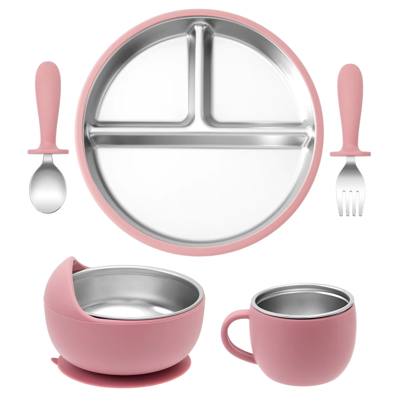 5PCS Stainless Steel Baby Feeding Set with Silicone Sucker Bowl