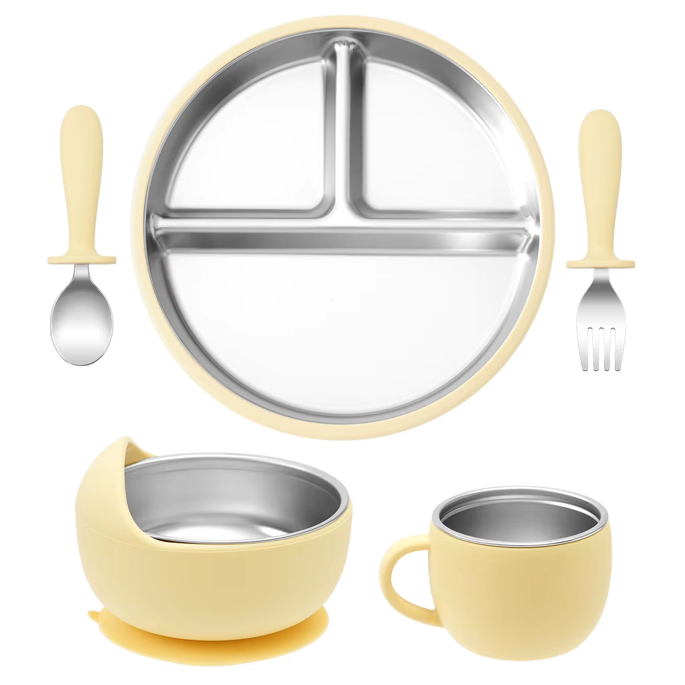 5PCS Stainless Steel Baby Feeding Set with Silicone Sucker Bowl