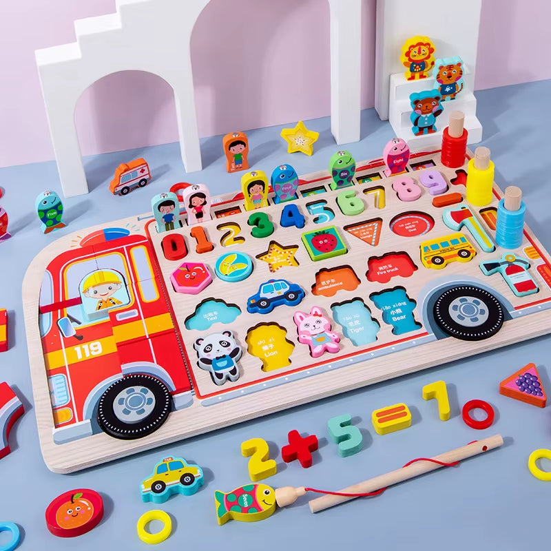 Wooden Busy Board Toy Montessori Fire Truck Fishing Game