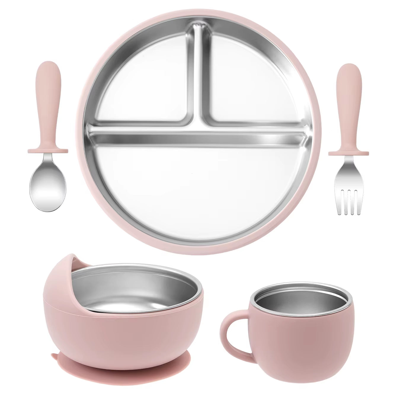 5PCS Stainless Steel Baby Feeding Set with Silicone Sucker Bowl