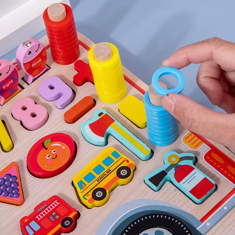 Wooden Busy Board Toy Montessori Fire Truck Fishing Game