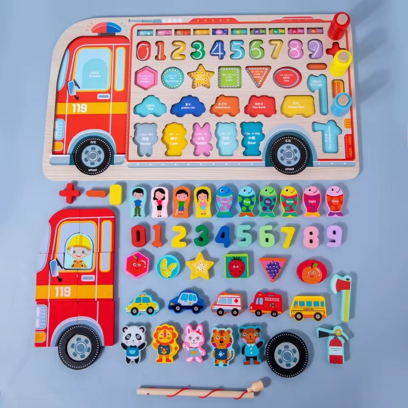 Wooden Busy Board Toy Montessori Fire Truck Fishing Game