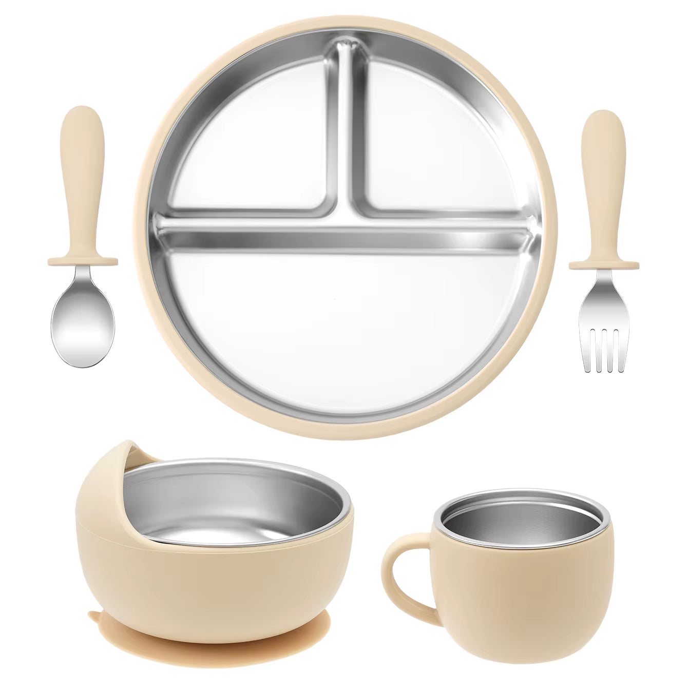 5PCS Stainless Steel Baby Feeding Set with Silicone Sucker Bowl
