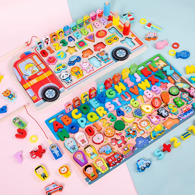 Wooden Busy Board Toy Montessori Fire Truck Fishing Game