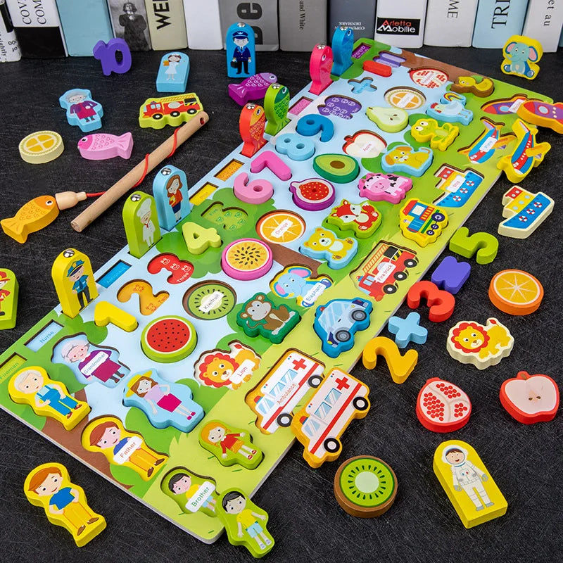 Wooden Busy Board Toy Montessori Fire Truck Fishing Game