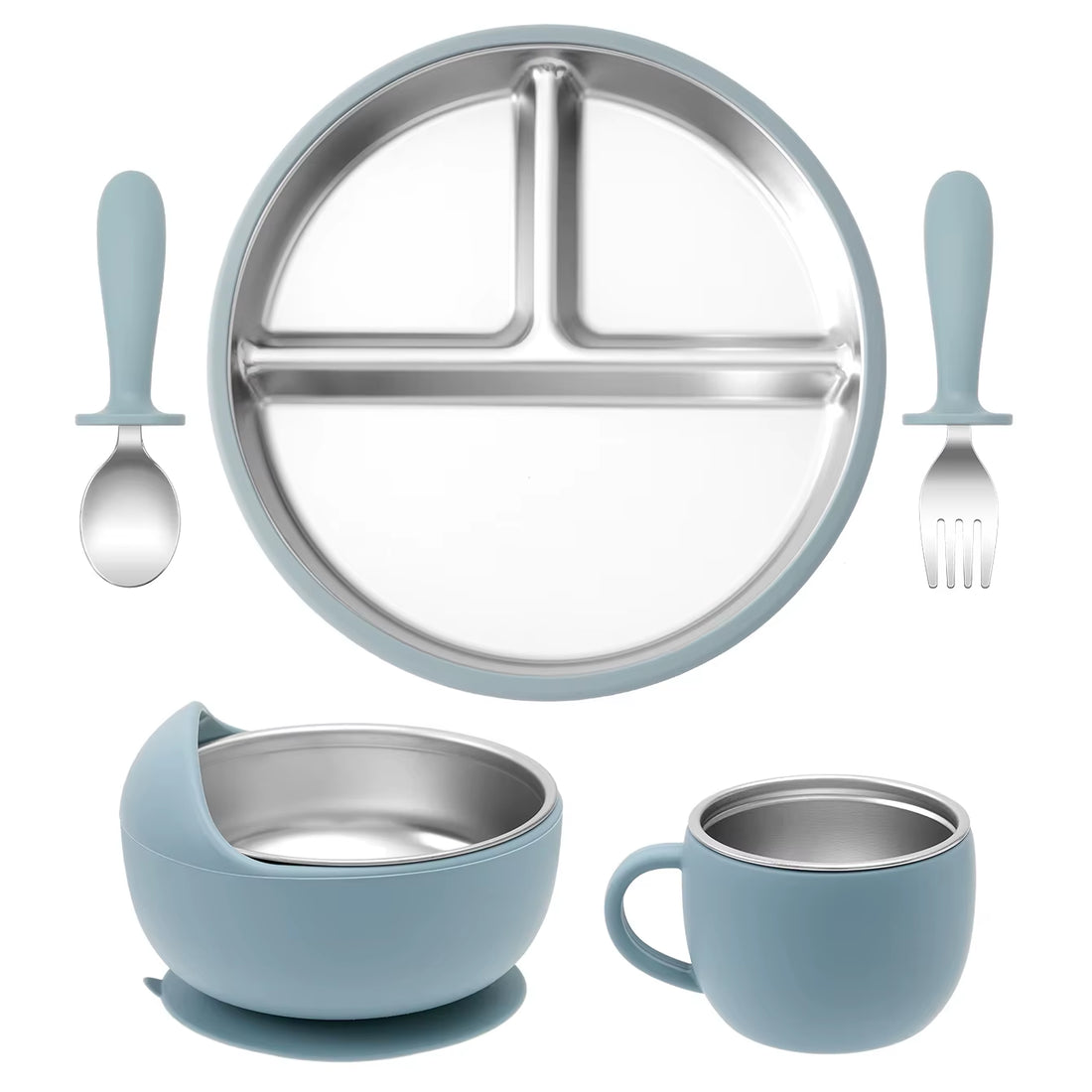 5PCS Stainless Steel Dishes Plate Baby Feeding Set with Detachable Silicone Sucker Bowl BPA Free Infant Fork Spoon Cup Gifts