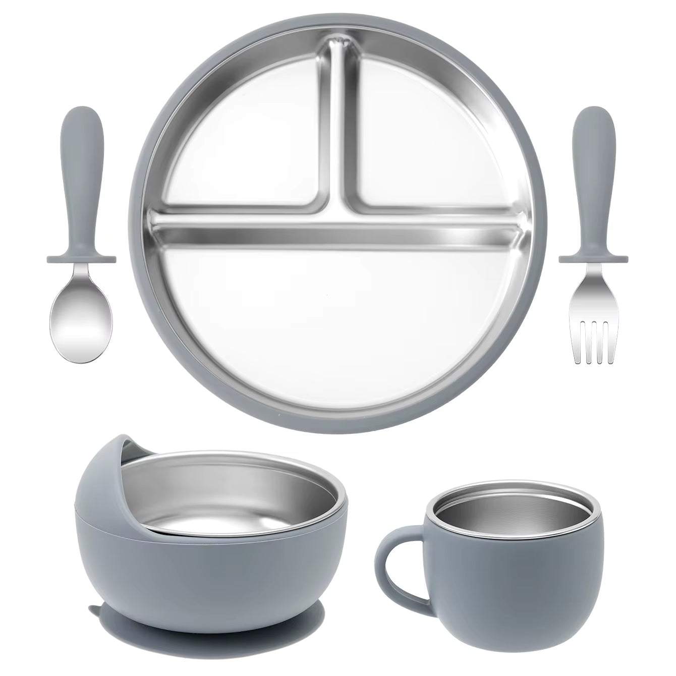 5PCS Stainless Steel Baby Feeding Set with Silicone Sucker Bowl