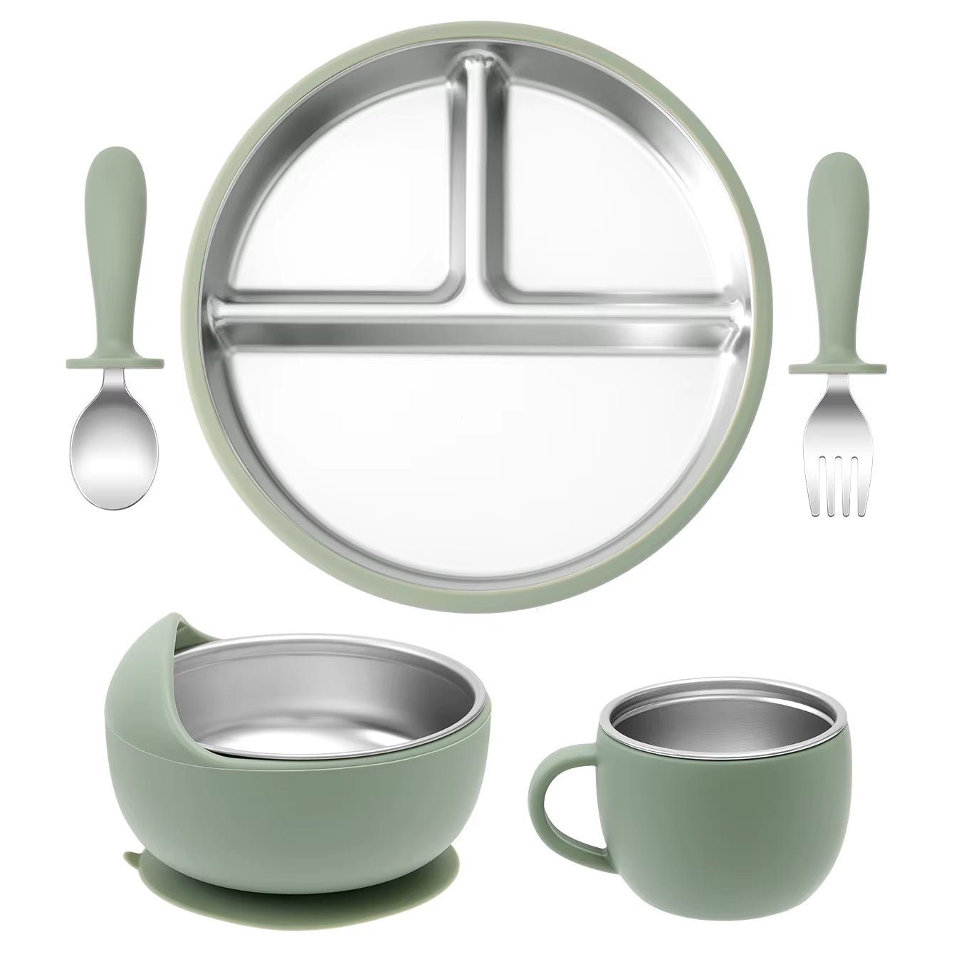 5PCS Stainless Steel Baby Feeding Set with Silicone Sucker Bowl