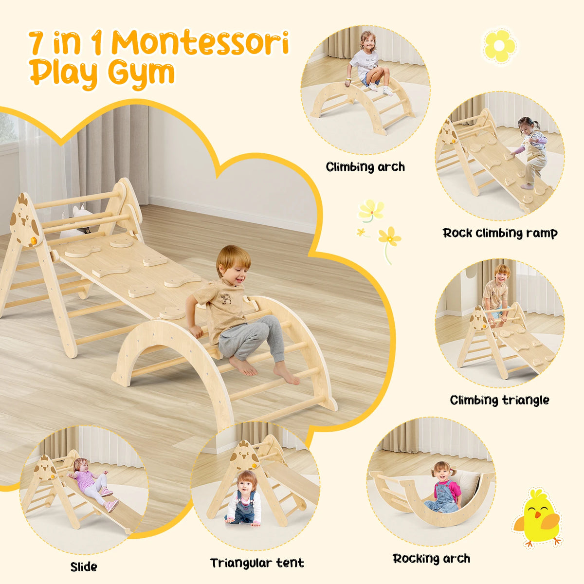 7-In-1 Toddler Climbing Frame Playground Indoor Play Gym for Kids Training Baby Wooden Slide