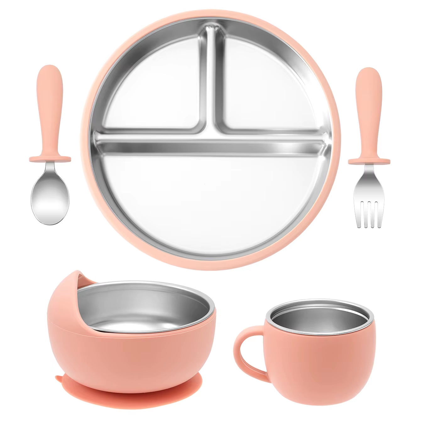 5PCS Stainless Steel Baby Feeding Set with Silicone Sucker Bowl