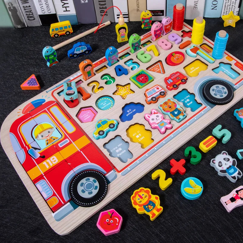 Wooden Busy Board Toy Montessori Fire Truck Fishing Game
