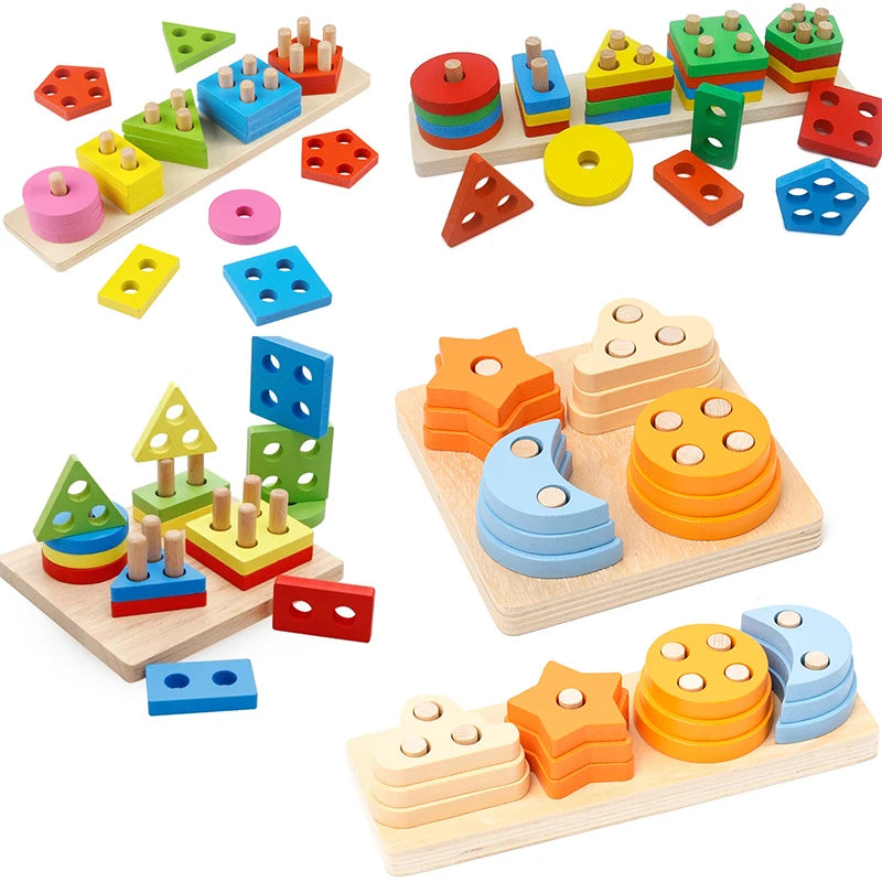Montessori Wooden Shape & Color Sorter Blocks – Geometric Stacking Toys for Toddlers