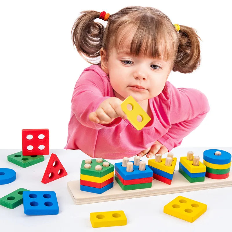 Wooden Shape Sorter Toy Montessori Color Stacking Blocks