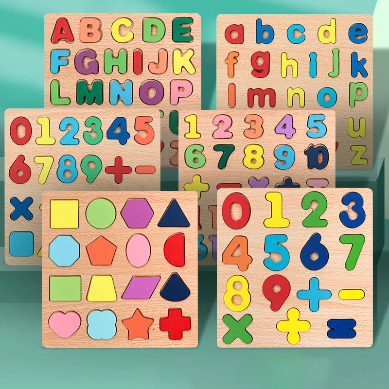 Kids Montessori Wooden Puzzle – 3D Alphabet, Numbers & Geometric Shapes Toy