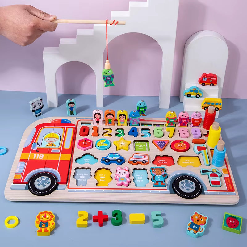 Wooden Busy Board Toy Montessori Fire Truck Fishing Game