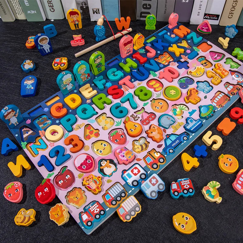 Wooden Busy Board Toy Montessori Fire Truck Fishing Game