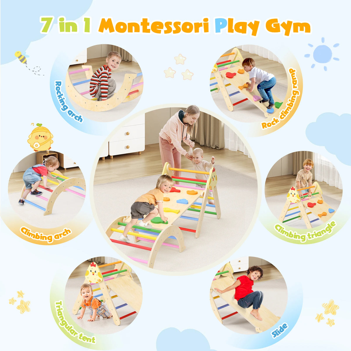 7-In-1 Toddler Climbing Frame Playground Indoor Play Gym for Kids Training Baby Wooden Slide