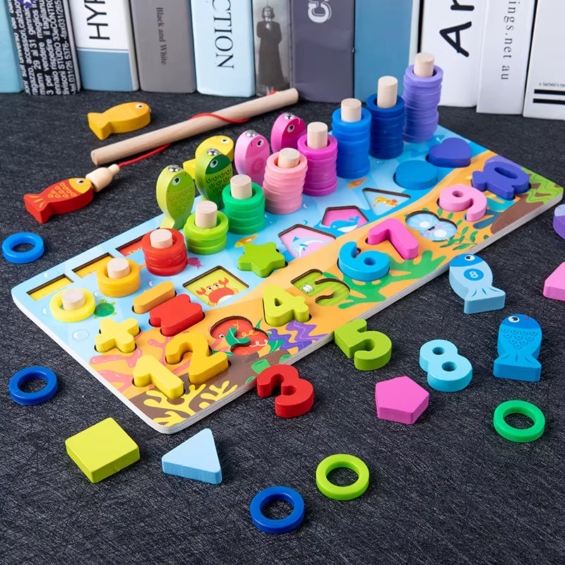 Wooden Busy Board Toy Montessori Fire Truck Fishing Game