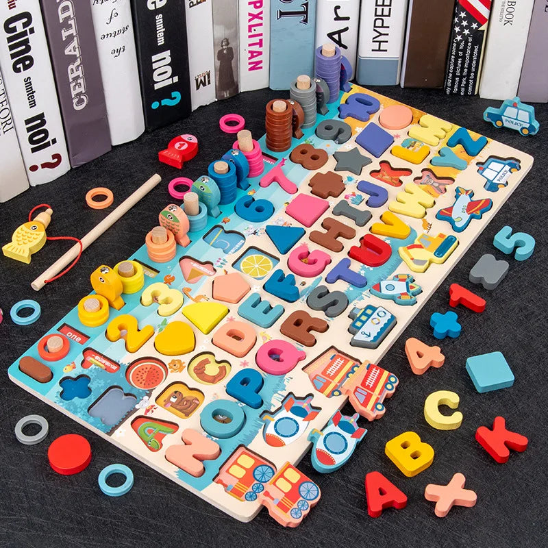 Wooden Busy Board Toy Montessori Fire Truck Fishing Game