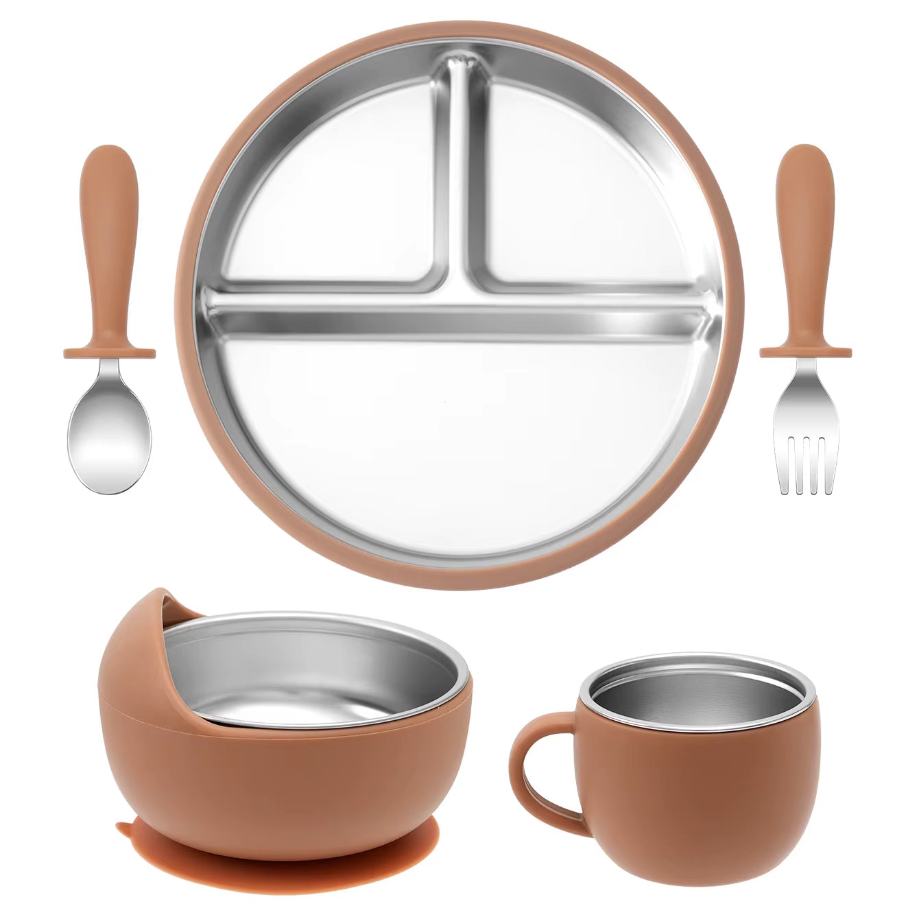 5PCS Stainless Steel Baby Feeding Set with Silicone Sucker Bowl