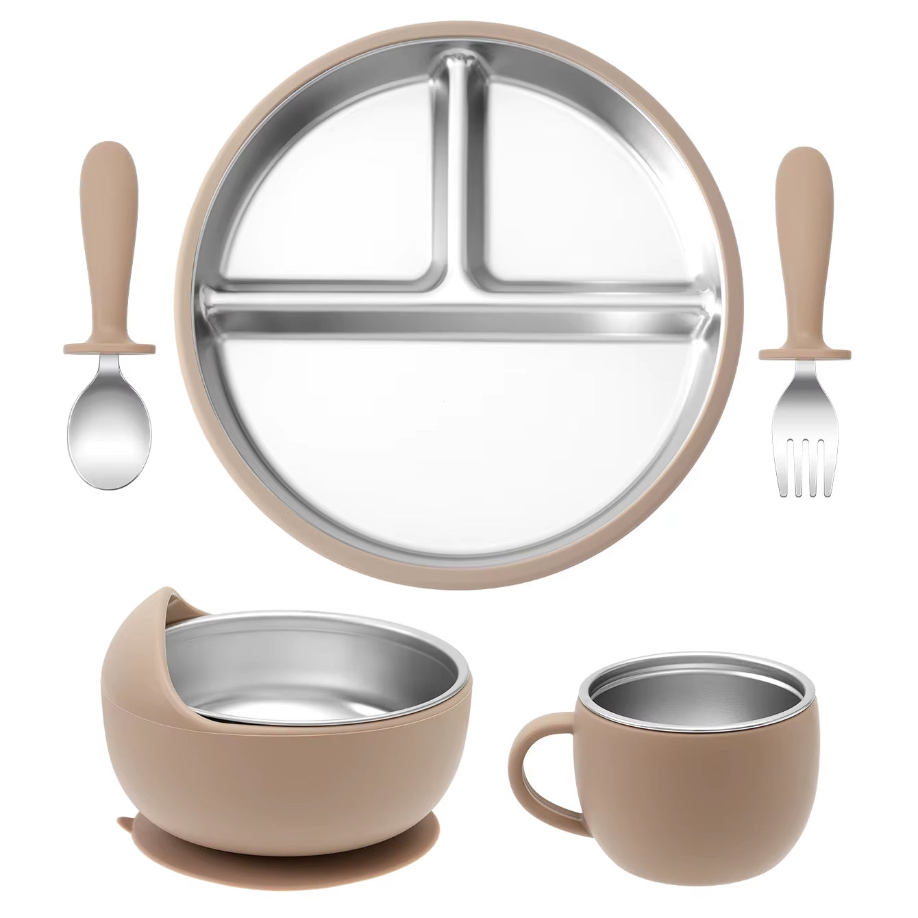 5PCS Stainless Steel Baby Feeding Set with Silicone Sucker Bowl