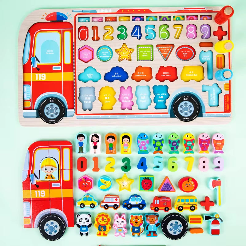 Wooden Busy Board Toy Montessori Fire Truck Fishing Game