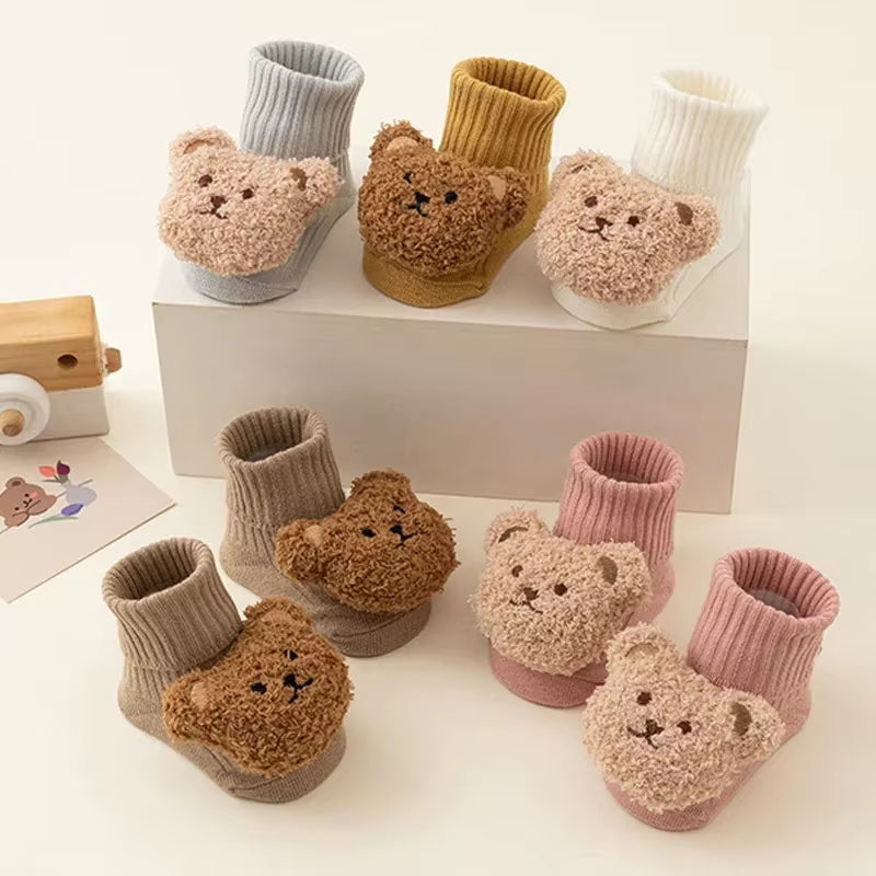 Cute Cartoon Bear Baby Socks with Anti-Slip Soles for Toddlers